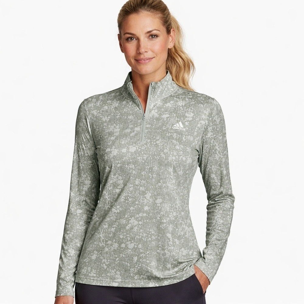 Adidas Golf Pullover Womens Large Green Floral Quarter Zip Long Sleeve Dri-Fit